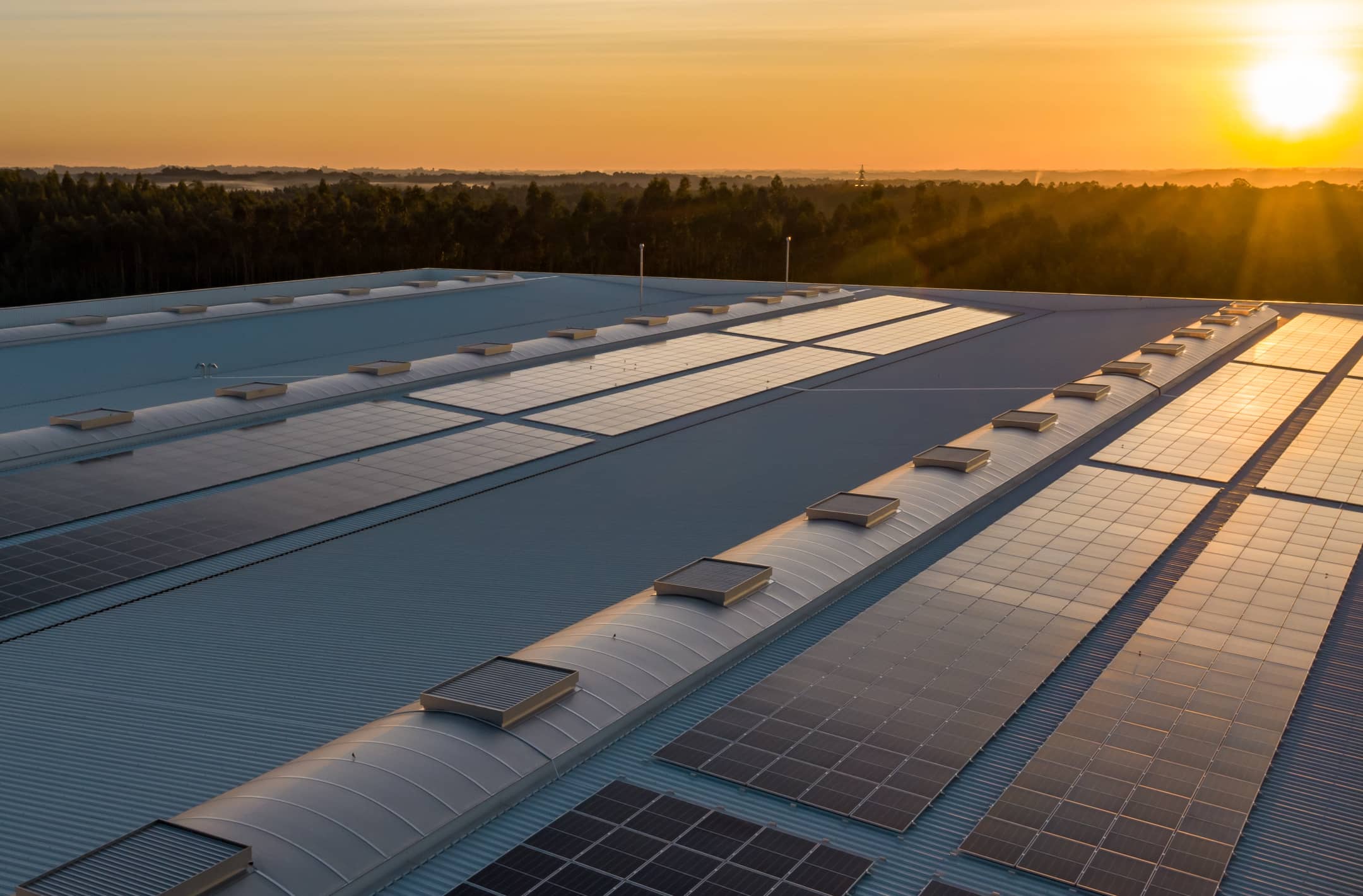 Abbildung einer Solaranlage in der Abenddämmerung auf einem großen Dach und Tipps zur Photovoltaiklüge